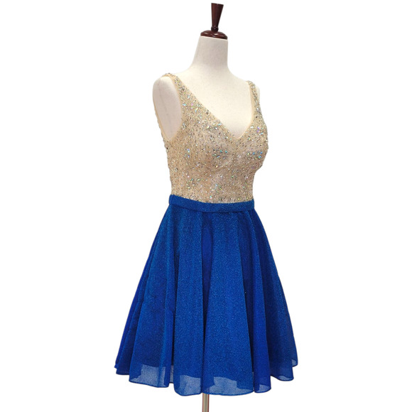 NWT Women's Blue and Gold Short Dress with Beautiful Detailed Gem Bodice - Picture 2 of 8